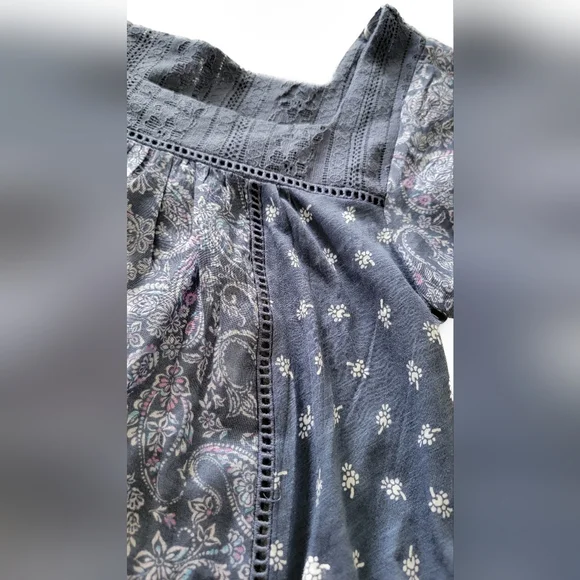 Rewind XS Blue Square Neck Flutter Sleeve Top Boho Paisley Blouse - Picture 5 of 9